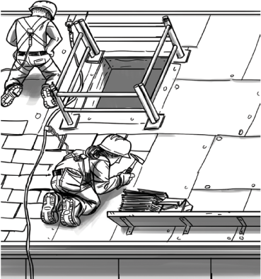 Roofers working with fall protection