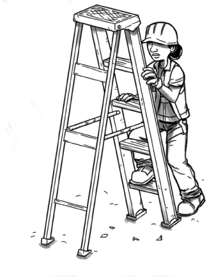 Construction worker climbing stepladder